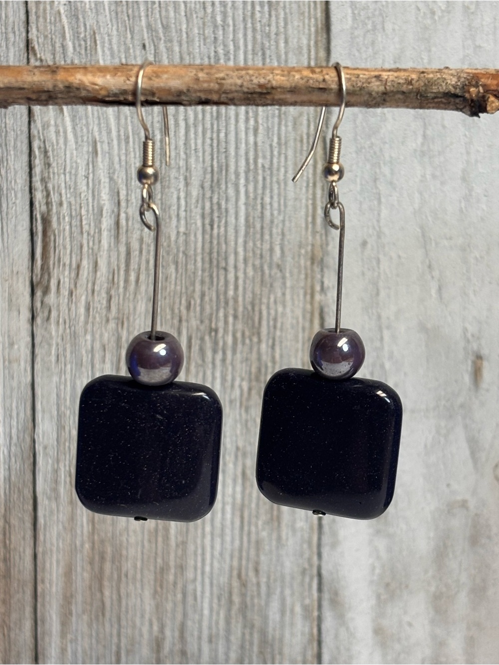 Modern Black Square & Purple Bead Drop Earrings